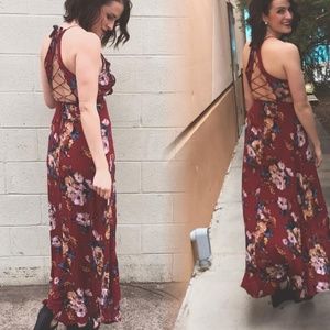Red floral maxi dress backless